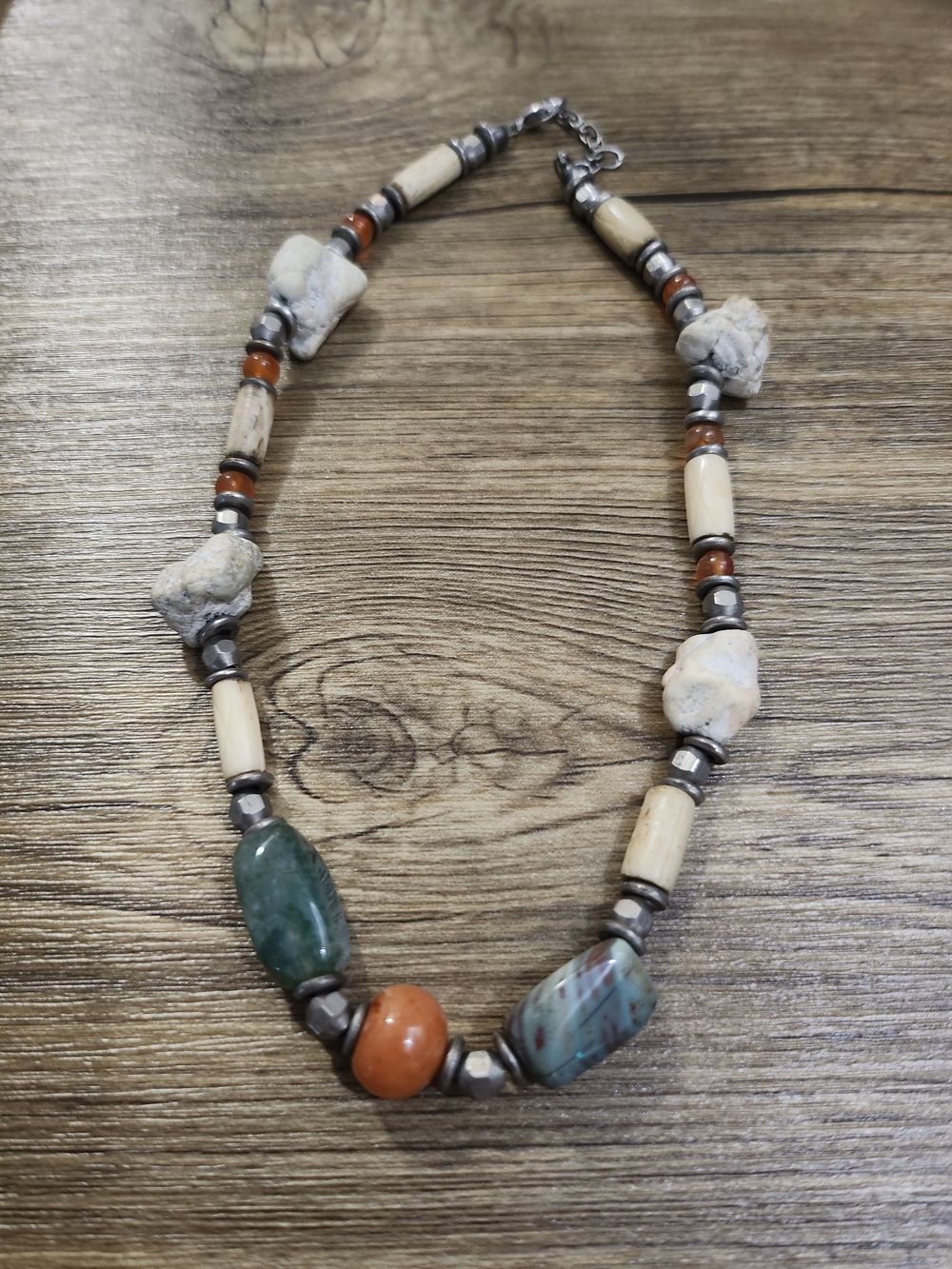 Handcrafted Multistone Women’s Necklace in Green, Cream & Orange
